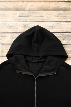 Black Half Zipper Kangaroo Pockets Drop Shoulder Hoodie-True and Wild