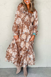 Brown Floral Print Shirred Square Neck High Waist Maxi Dress-True and Wild