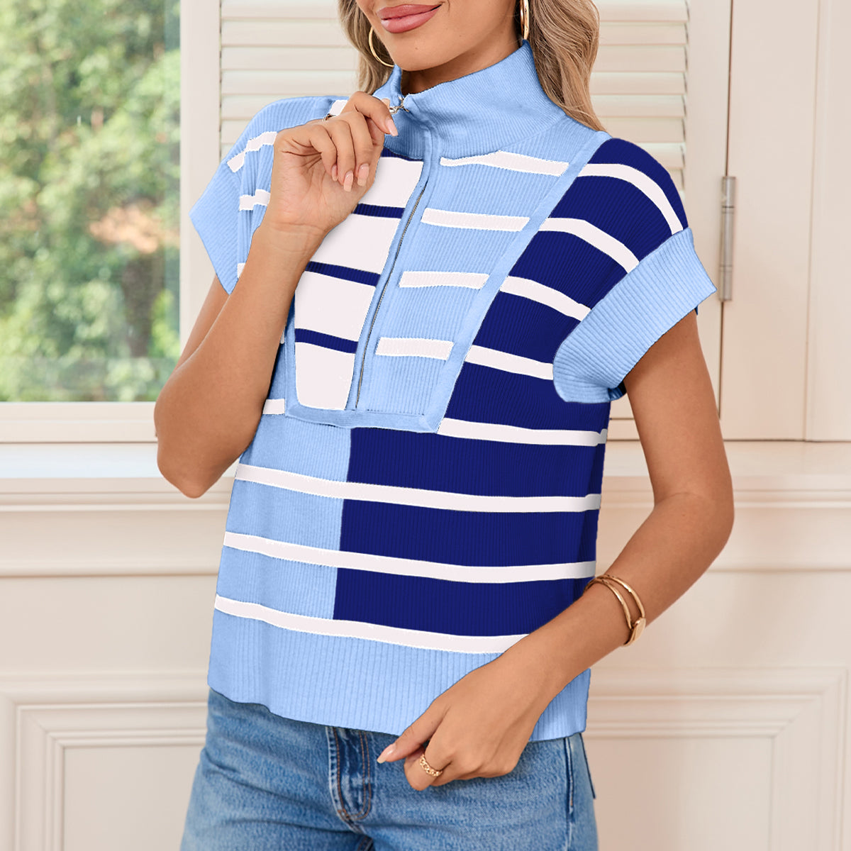 Sky Blue Stripe Quarter Zip Collar Knit Vest