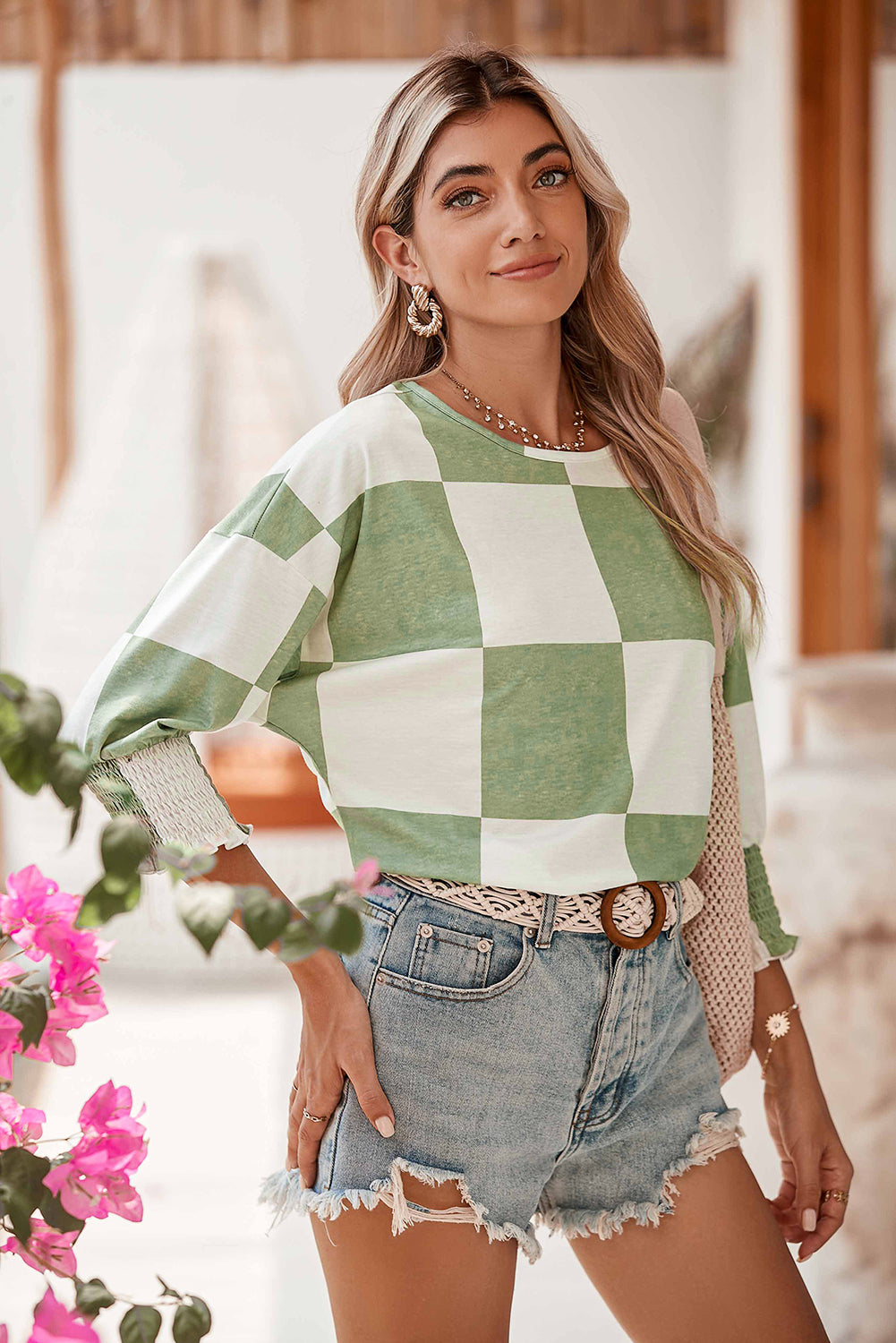 Grass Green Checkered Ruffle Smocked Cuffs Tee-True and Wild