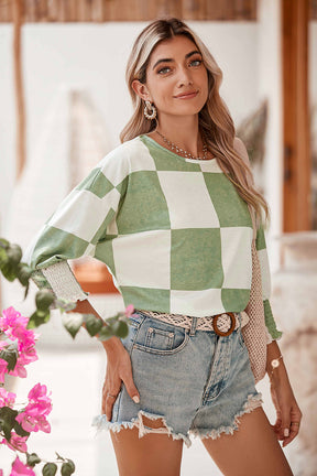 Grass Green Checkered Ruffle Smocked Cuffs Tee-True and Wild