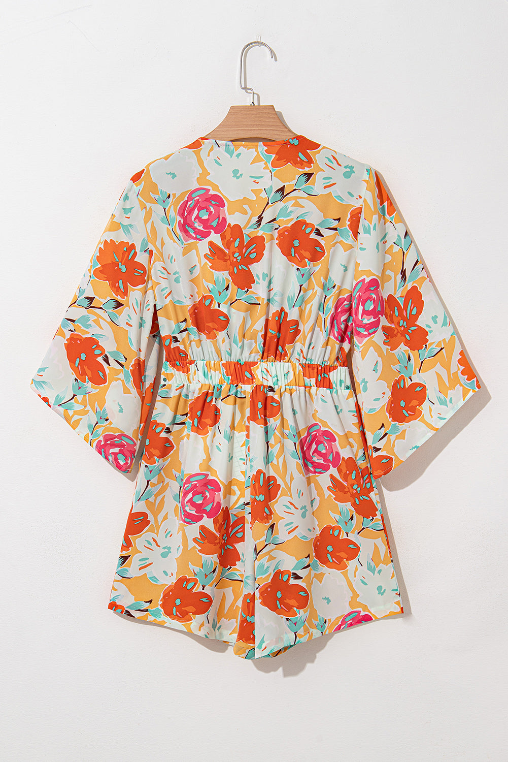 Orange Floral Print Front Tie V Neck Romper