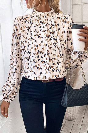 Black Leopard Print Puff Sleeve Mock Neck Pleated Blouse-True and Wild