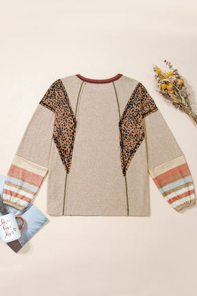 Khaki Leopard Contrast Exposed Seam Long Sleeve Top-True and Wild