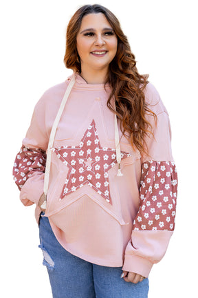 Delicacy Star Patched Floral Sleeve Plus Size Hoodie-True and Wild