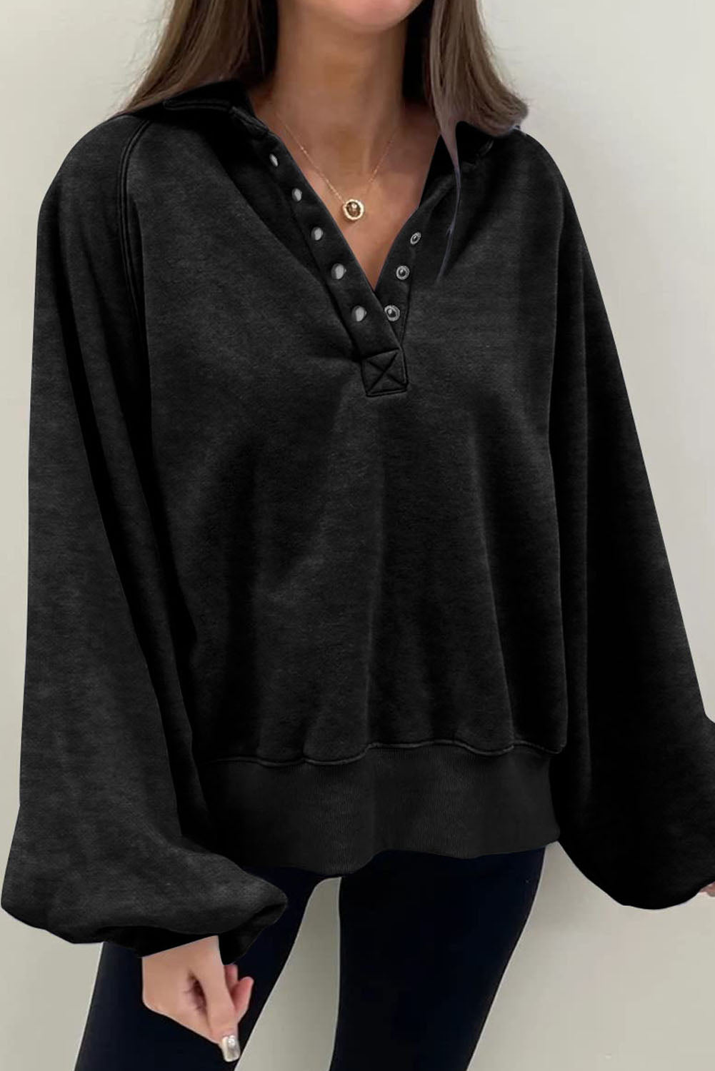 Black Snap Buttons Collared Balloon Sleeve Oversized Sweatshirt-True and Wild