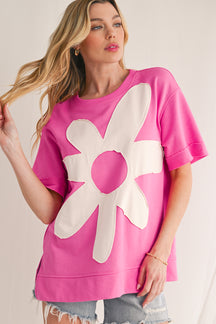 Sachet Pink 60s Flower Applique Slits T-Shirt