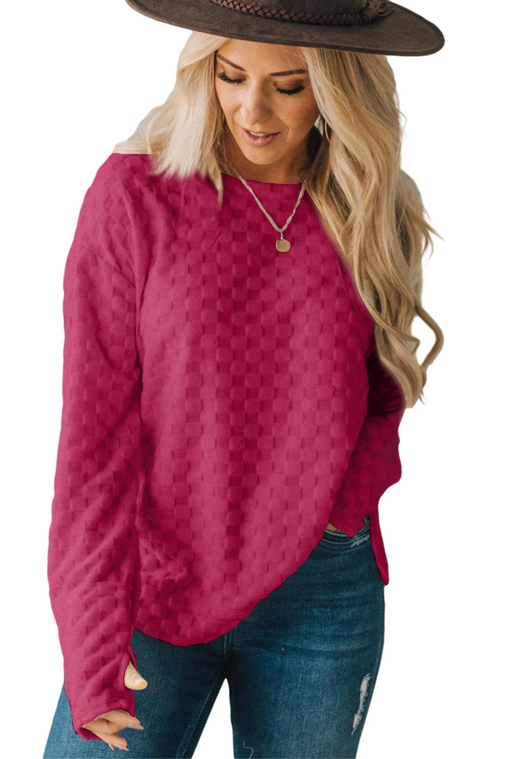 Long Sleeve Tops - Beige Checkered Furry Thumbhole Long Sleeve Top