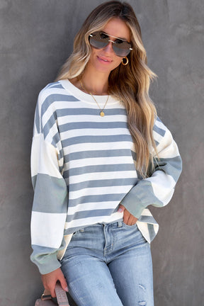 Blue Casual Striped Drop Shoulder Pullover Sweatshirt-True and Wild