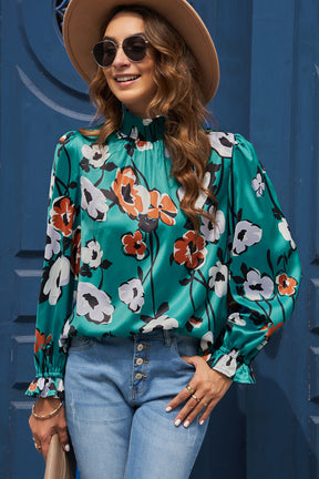 Green Mock Neck Top Floral Print Long Sleeve Silk Blouse-True and Wild