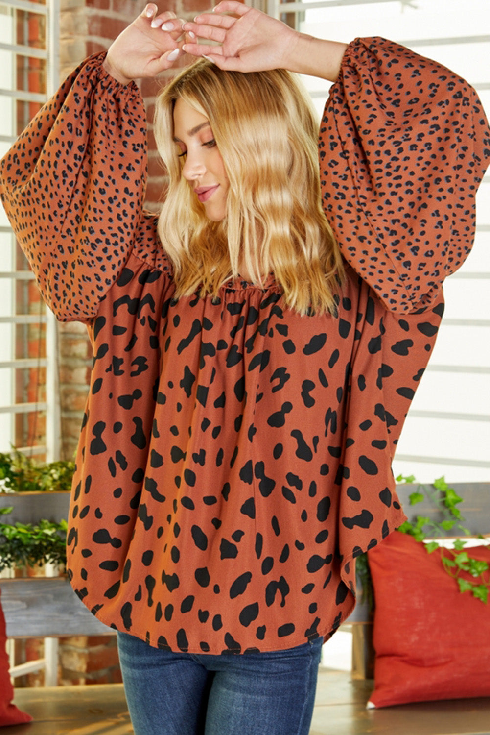 Brown Leopard V Neck Lantern Sleeve Tunic Blouse-True and Wild