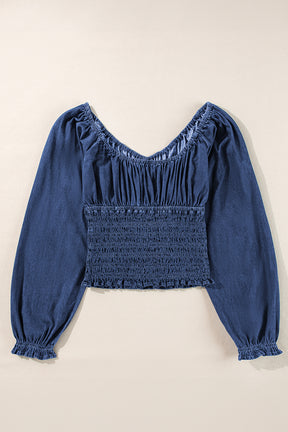 Dark Blue Smocked Ruffle Puff Sleeve V Neck Denim Top-True and Wild