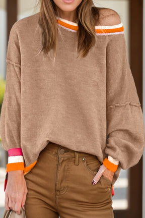 Contrast Round Neck Long Sleeve Sweater-True and Wild