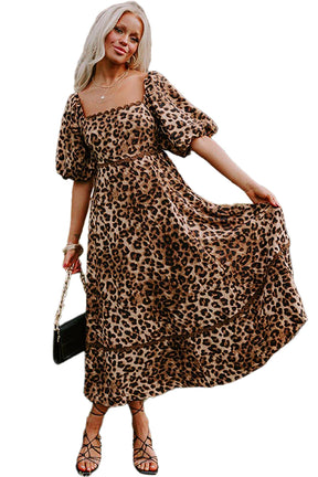 Brown Leopard Print Puff Sleeve Ricrac Maxi Dress