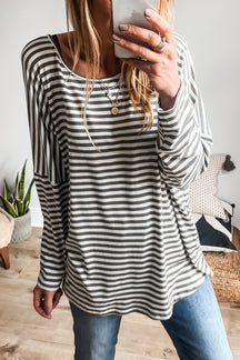 Gray Stripe Drop Sleeve Round Neck Oversized Top-True and Wild