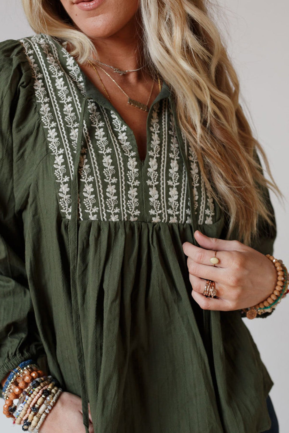 Green Embroidered Split Neck Pleated Loose Blouse-True and Wild