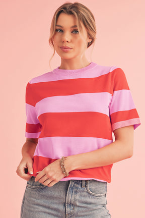 Bright Pink Colorblock Knitted Round Neck T Shirt-True and Wild