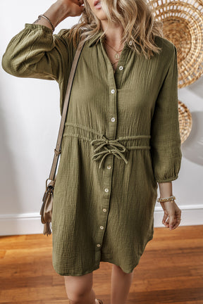 Jungle Green Textured Bracelet Sleeve Button Up Mini Dress-True and Wild