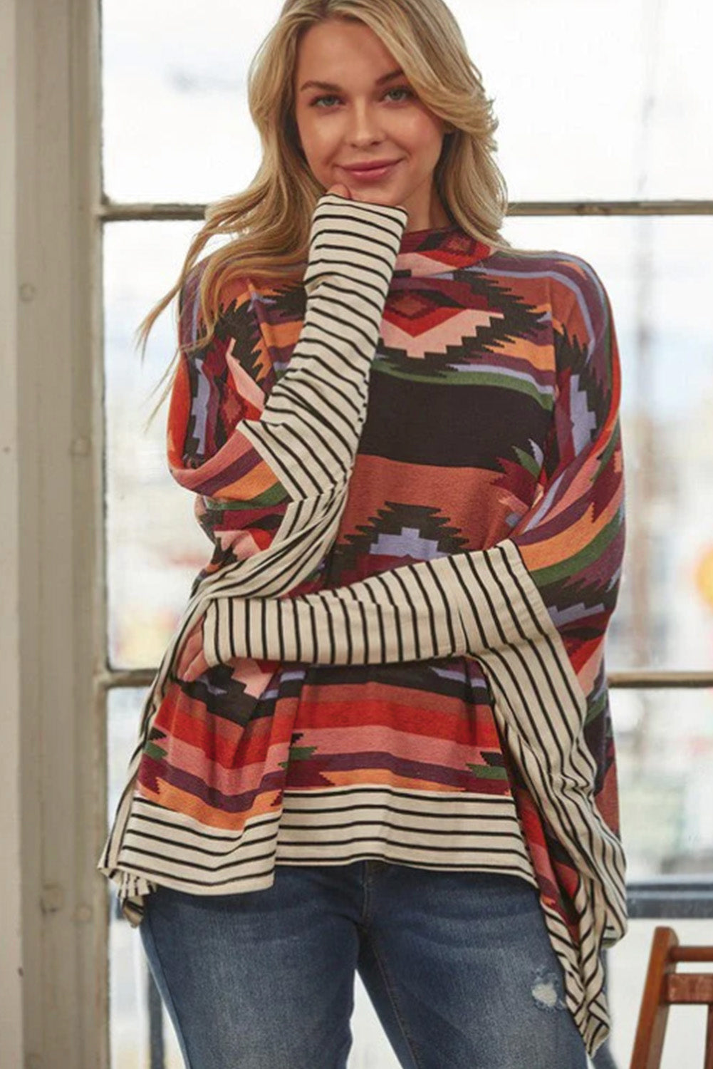 Multicolor Geometric Pattern Striped Long Sleeve Top-True and Wild