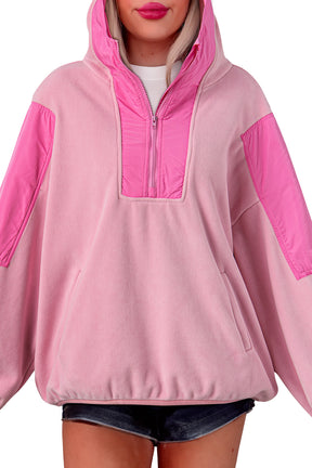 Pink Patchwork Half Zip Oversized Sherpa Hoodie-True and Wild