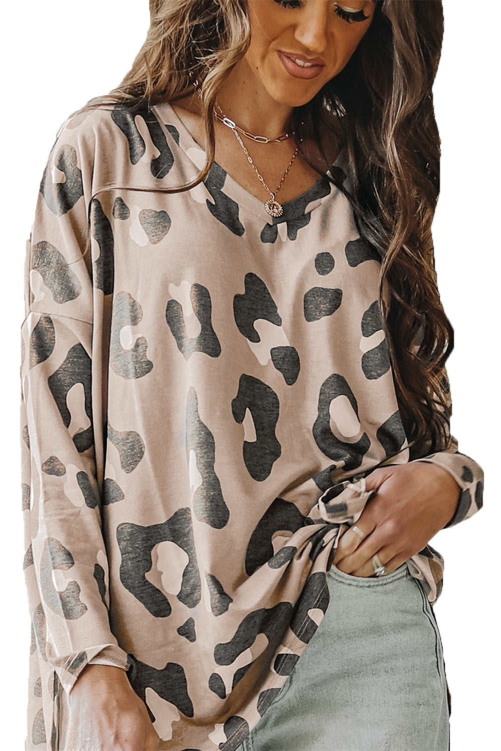 Khaki Leopard Print V Neck Long Sleeve Shirt-True and Wild