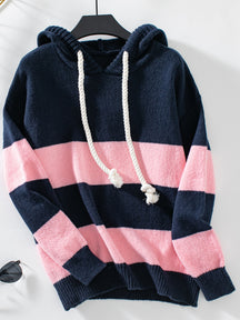 Drawstring Contrast Stripe Dropped Shoulder Hooded Sweater-True and Wild