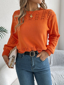 Openwork Round Neck Long Sleeve Sweater-True and Wild