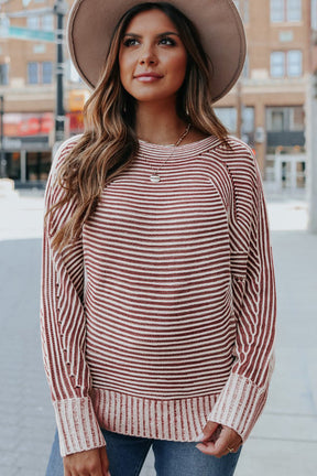 Red Dahlia Striped Print Ribbed Knit Raglan Sleeve Baggy Sweater-True and Wild