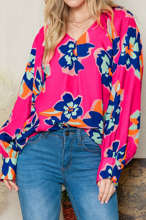 Rose Floral Print V Neck Puff Sleeve Blouse-True and Wild