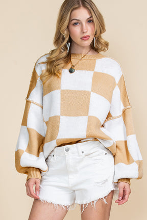 Orange & White Plaid Exposed Seam Bishop Sleeve Sweater-True and Wild