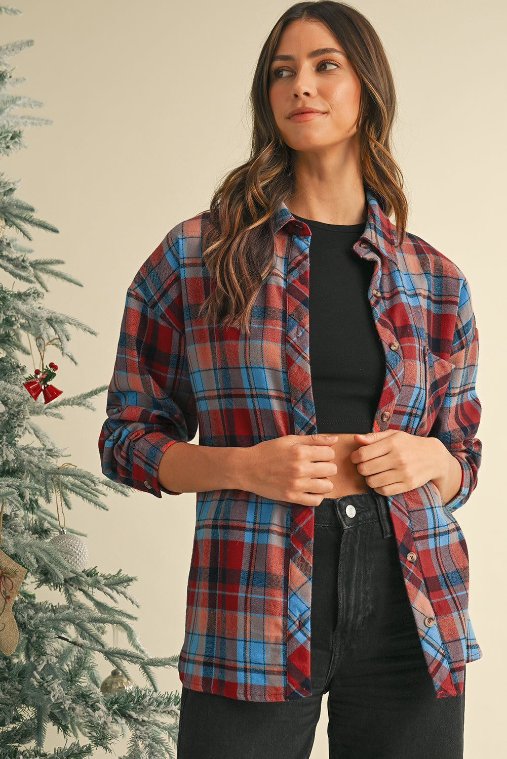 Red Plaid Print Drop Sleeve Loose Shirt-True and Wild