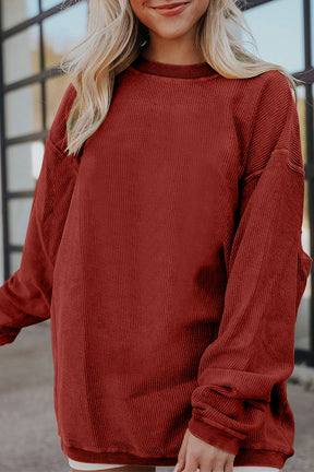 Chestnut Plain Drop Sleeve Crinkle Rib Oversized Sweatshirt-True and Wild