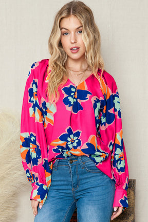 Rose Floral Print V Neck Puff Sleeve Blouse-True and Wild