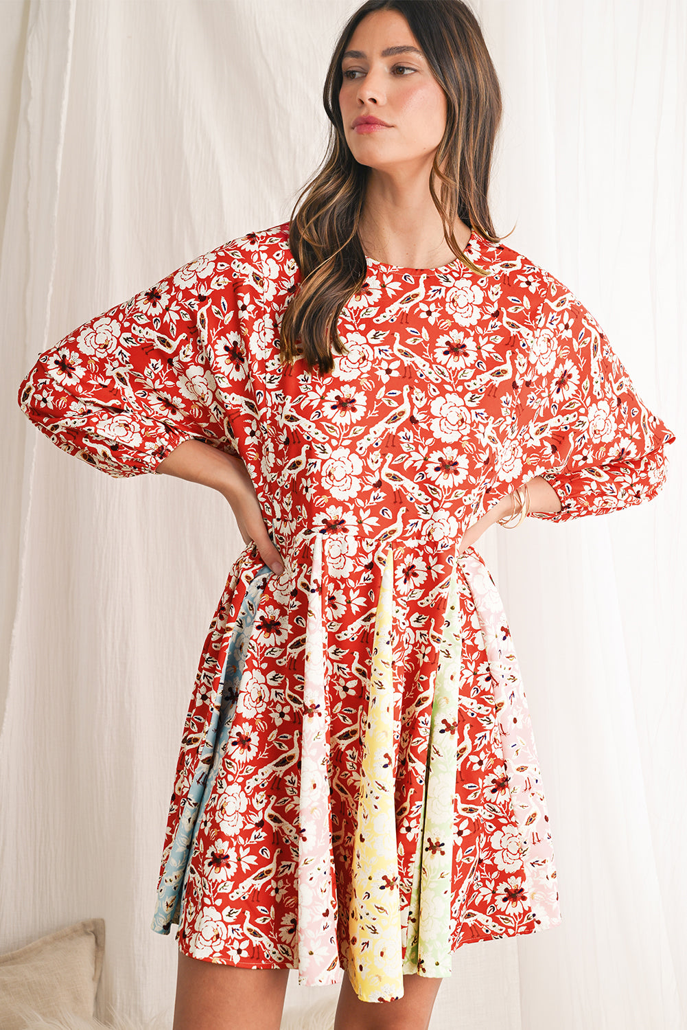 Red Boho Floral Patchwork Long Sleeve Pleated Dress-True and Wild