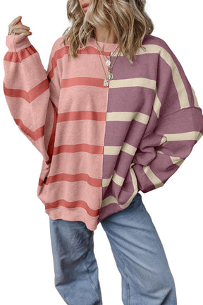 Light Beige Striped Colorblock Drop Shoulder Sweater-True and Wild