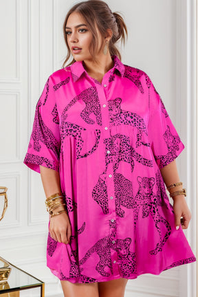 Plus Size Tiger Printed Button Up Half Sleeve Dress-True and Wild