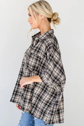 Black Plaid Batwing Sleeve Button Up Shirt-True and Wild