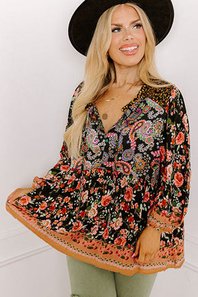 Black Plus Size Paisley Print V Neck Bubble Sleeve Blouse-True and Wild