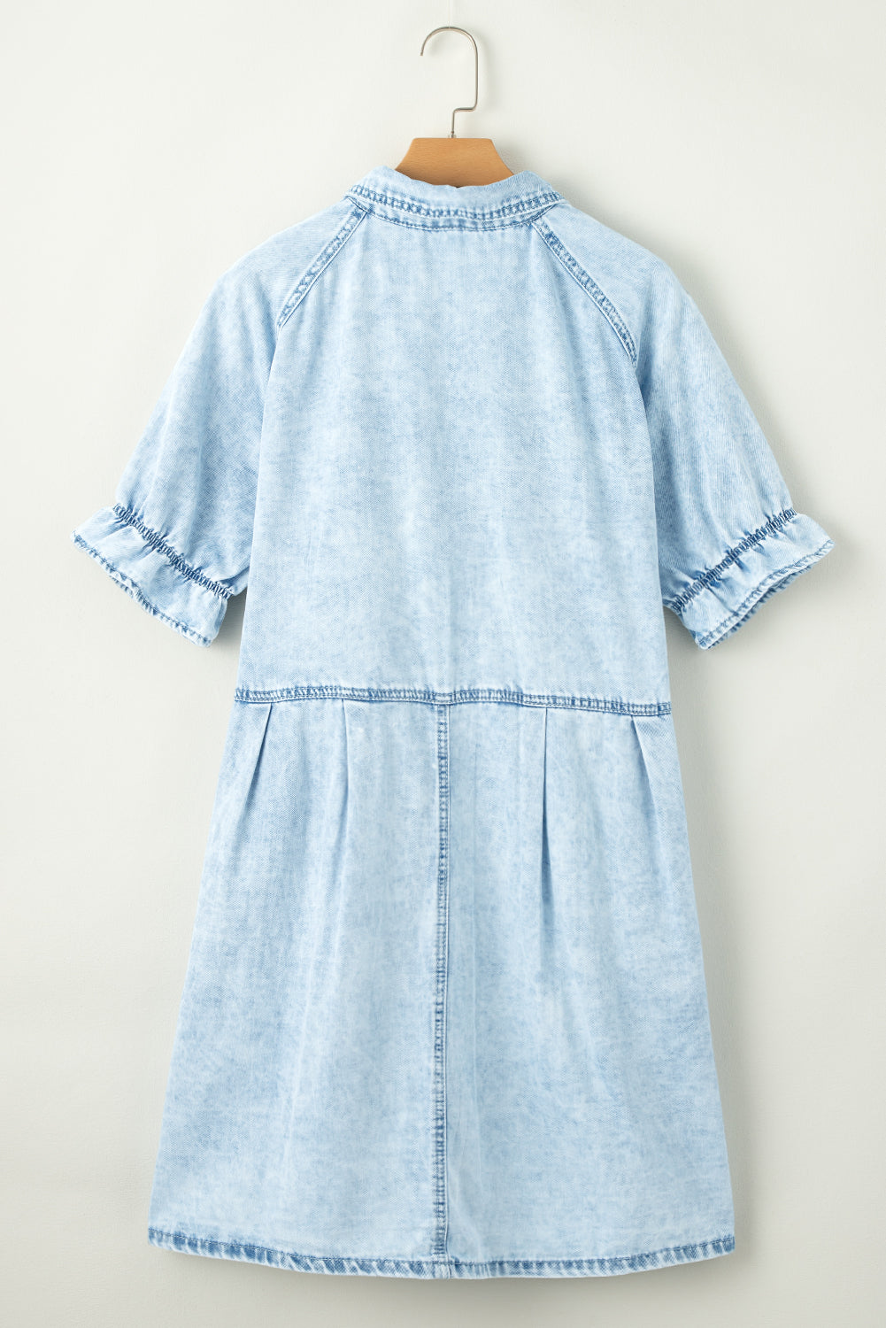 Blue Mineral Washed Ruffled Short Sleeve Pocketed Denim Dress-True and Wild