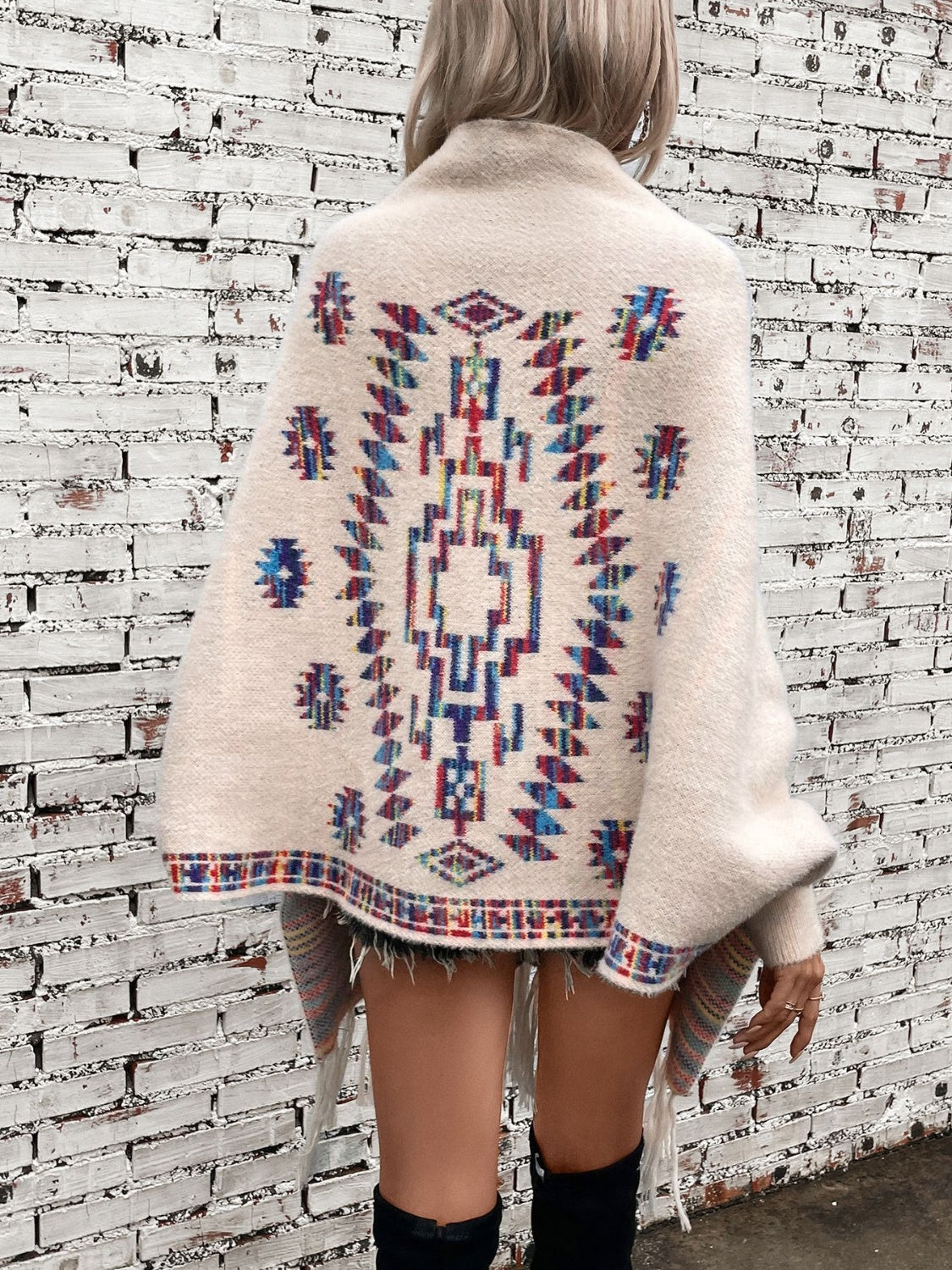 Fringe Geometric Open Front Long Sleeve Cape-True and Wild