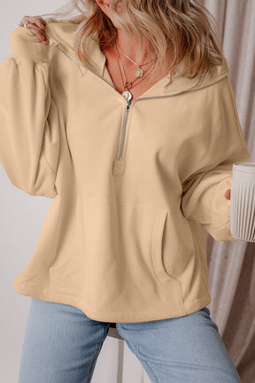 Black Half Zipper Kangaroo Pockets Drop Shoulder Hoodie-True and Wild