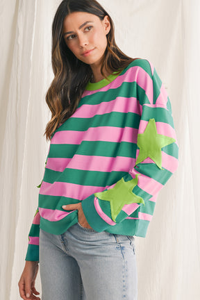 Pink Stripe Star Patchwork Round Neck Pullover Sweatshirt-True and Wild