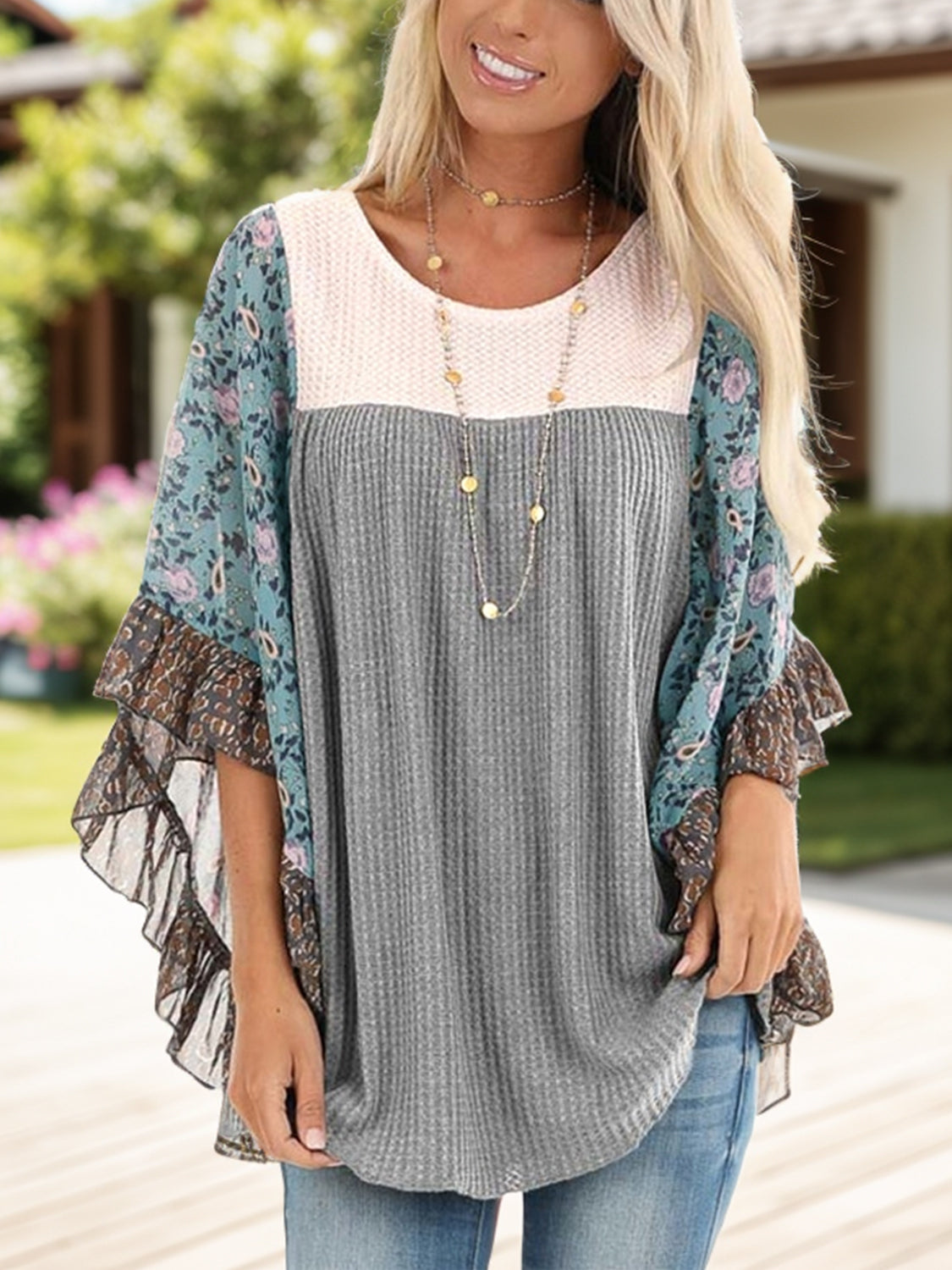 Full Size Printed Round Neck Three-Quarter Sleeve Blouse-True and Wild