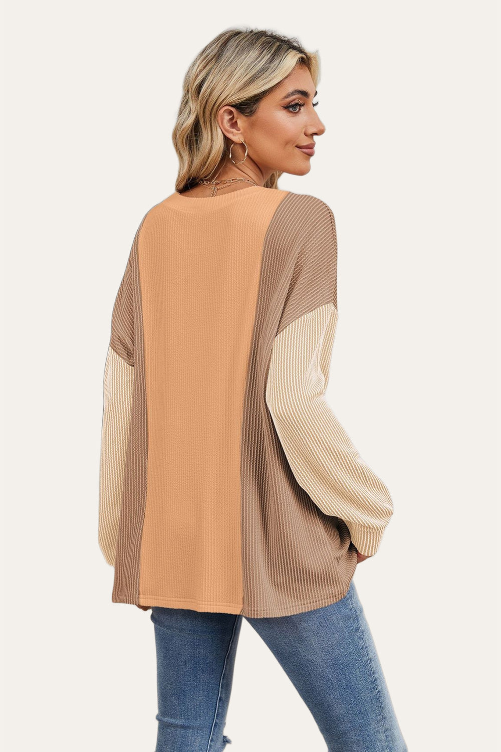 Double Take Texture Contrast Round Neck Long Sleeve T-Shirt-True and Wild