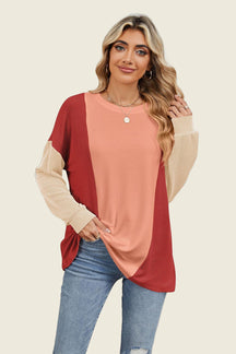 Double Take Texture Contrast Round Neck Long Sleeve T-Shirt-True and Wild