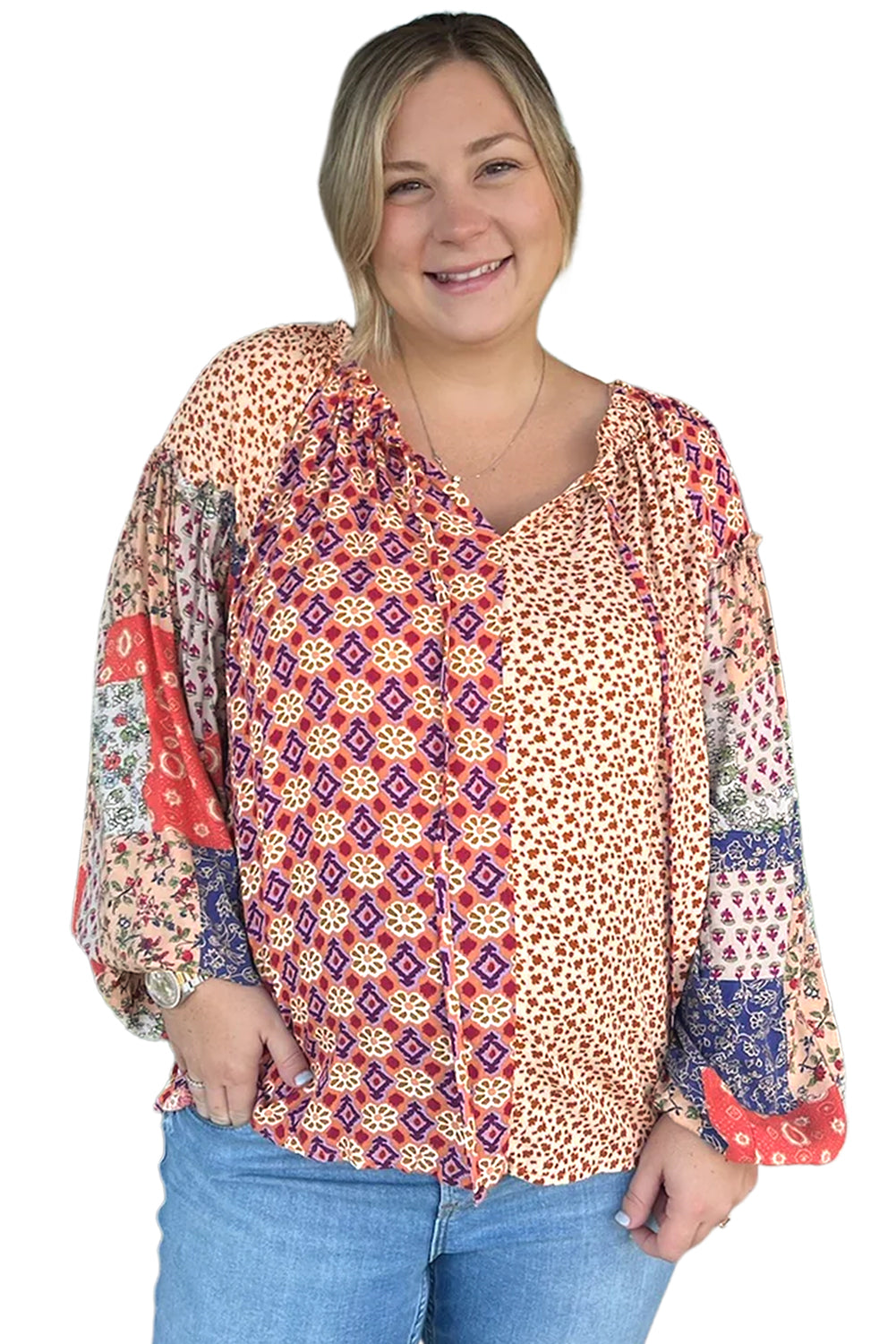 Orange Floral Geometric Patchwork Lace-up Plus Size Blouse-True and Wild