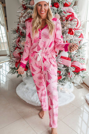 Pink Christmas Tree Print V Neck Buttoned Pullover and Pants Pajama Set-True and Wild