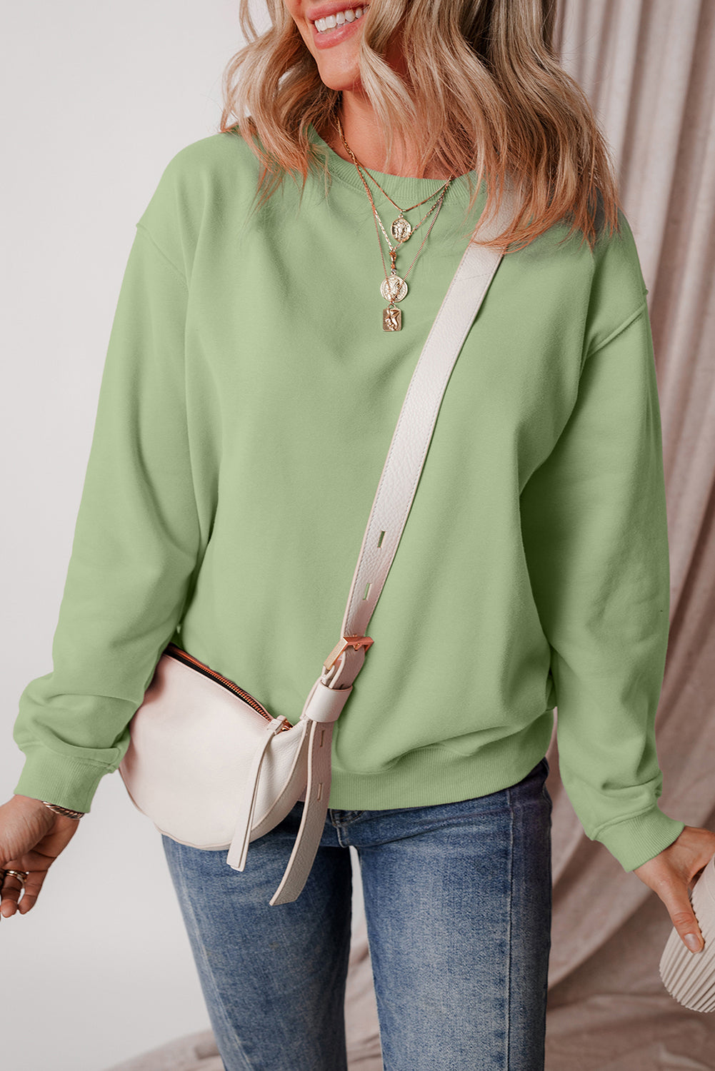 Aruba Blue Solid Color Drop Shoulder Terry Sweatshirt-True and Wild