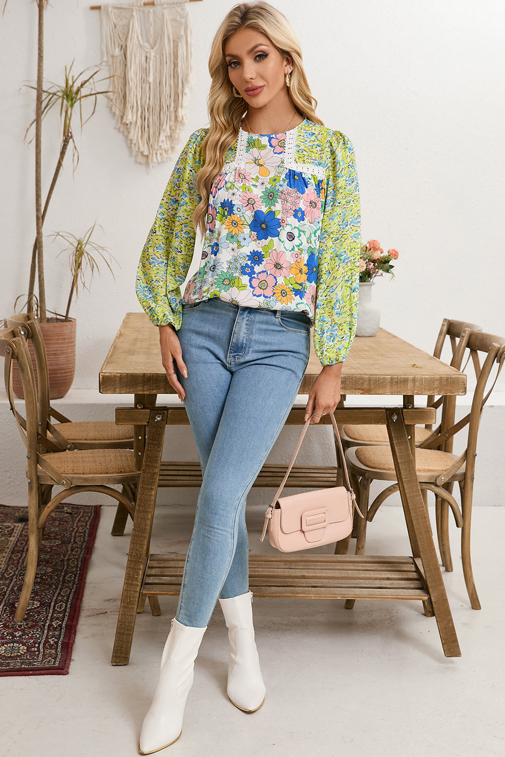 Green Bubble Sleeve Lace Detail Mixed Floral Blouse-True and Wild