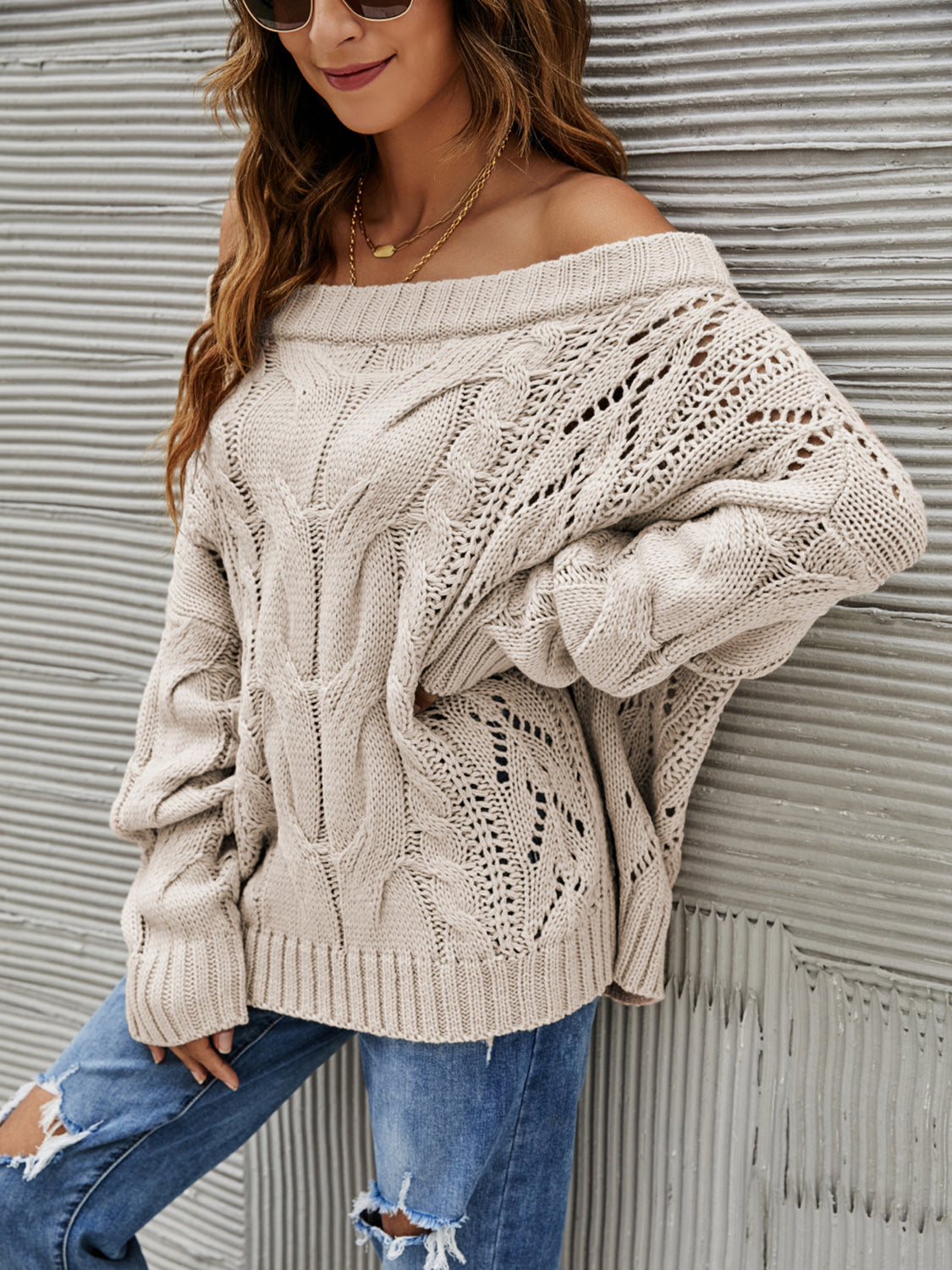 Cable Knit Openwork Off-Shoulder Sweater-True and Wild